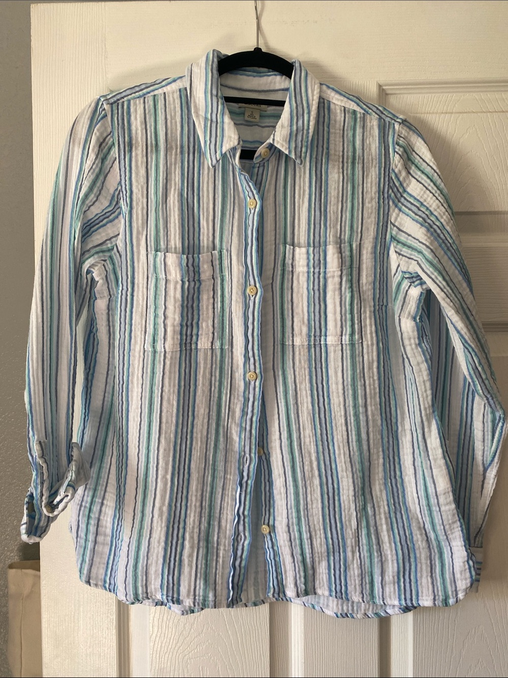 L.L. Bean Striped Cotton Button-Down Shirt in White, Blue and Aqua